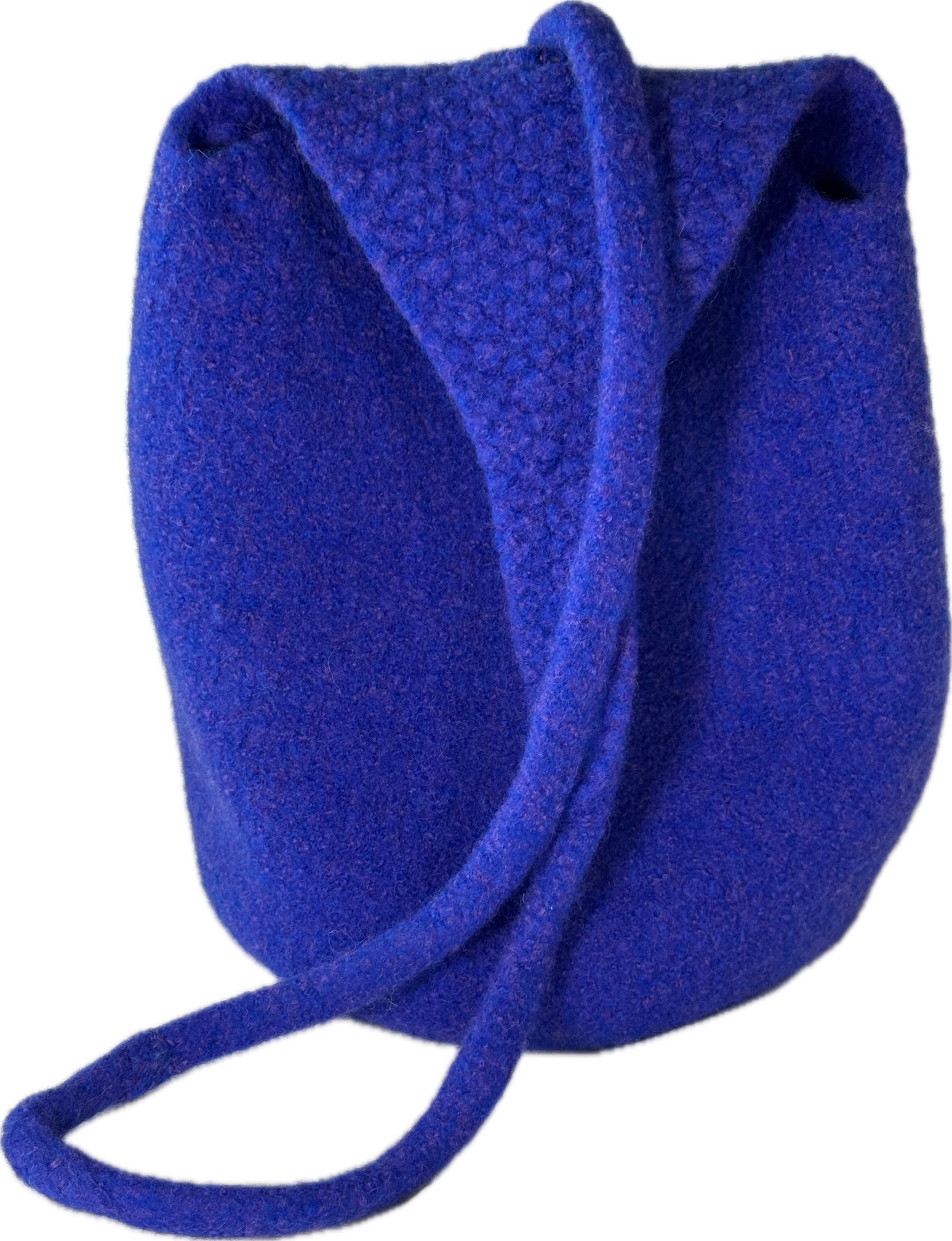 Blue felted balloon-shaped purse with twisted strap and licorice allsorts lining
